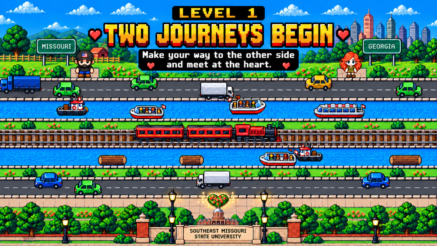 Level one of Laura and Nathan’s Frogger wedding game
